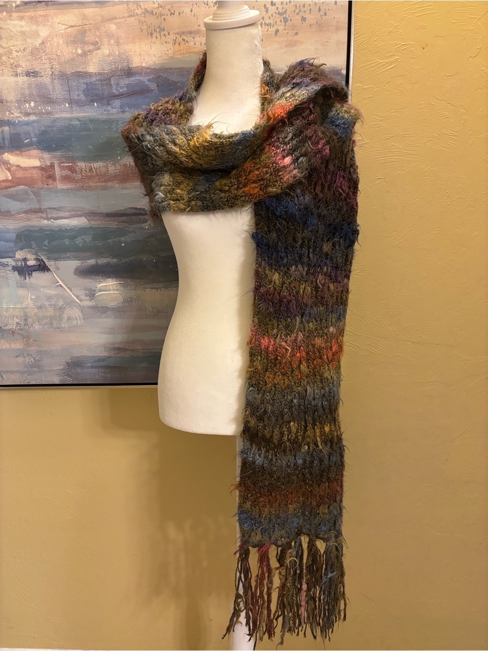 Chico's Multicolor Fringe Knit Scarf in Green, Blue & Brown Tones - Picture 3 of 4